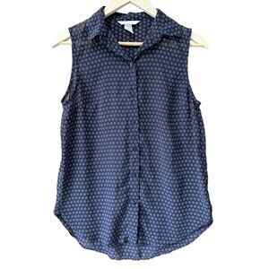 H&M Sheer Sleeveless Blouse Size 4 Navy Blue Button Geometric Loose Fit Flowy